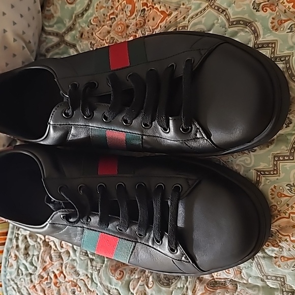 Gucci Ace Black Leather Python Embossed Leather Lace Up Sneakers Men size12 - Picture 1 of 7